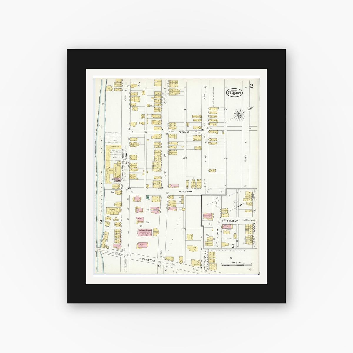 Old map wall art mockup — black gallery frame with white mat — Sanborn Fire Insurance Map from Steelton, Dauphin County, Pennsylvania (1909), Sheet #0002