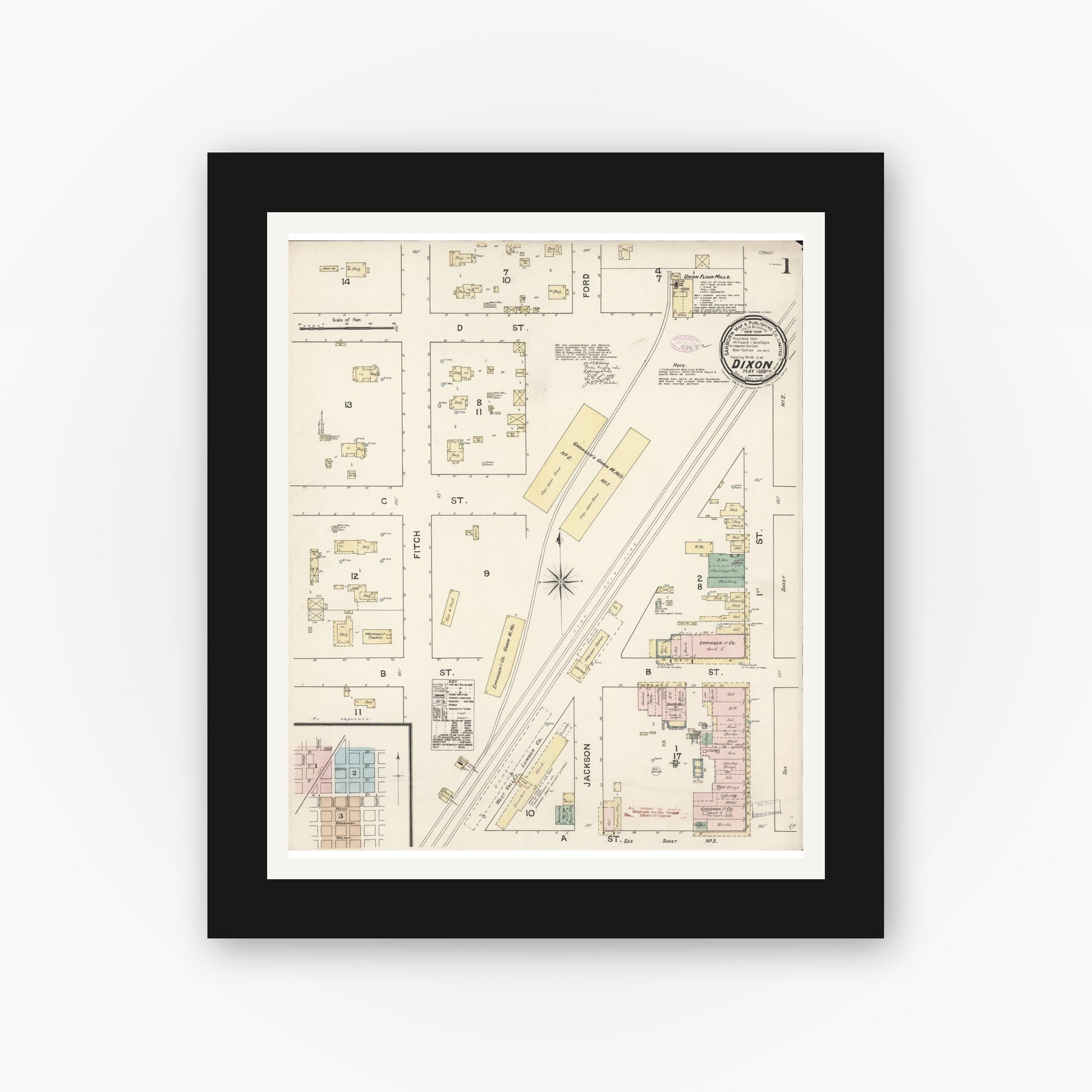 Old map wall art mockup — black gallery frame with white mat — Sanborn Fire Insurance Map from Dixon, Solano County, California (1888) - Complete Map Set