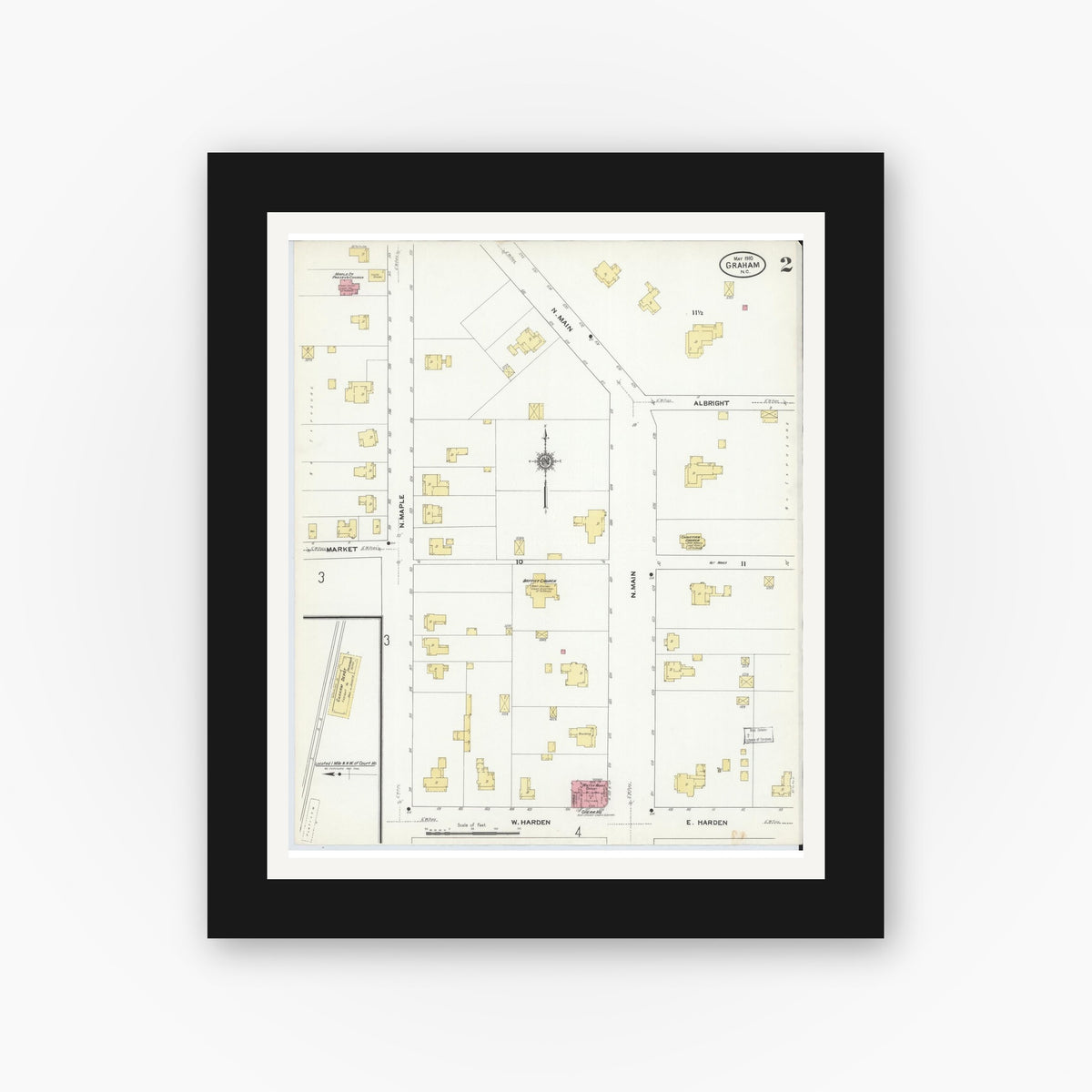 Old map wall art mockup — black gallery frame with white mat — Sanborn Fire Insurance Map from Graham, Alamance County, North Carolina (1910), Sheet #0002