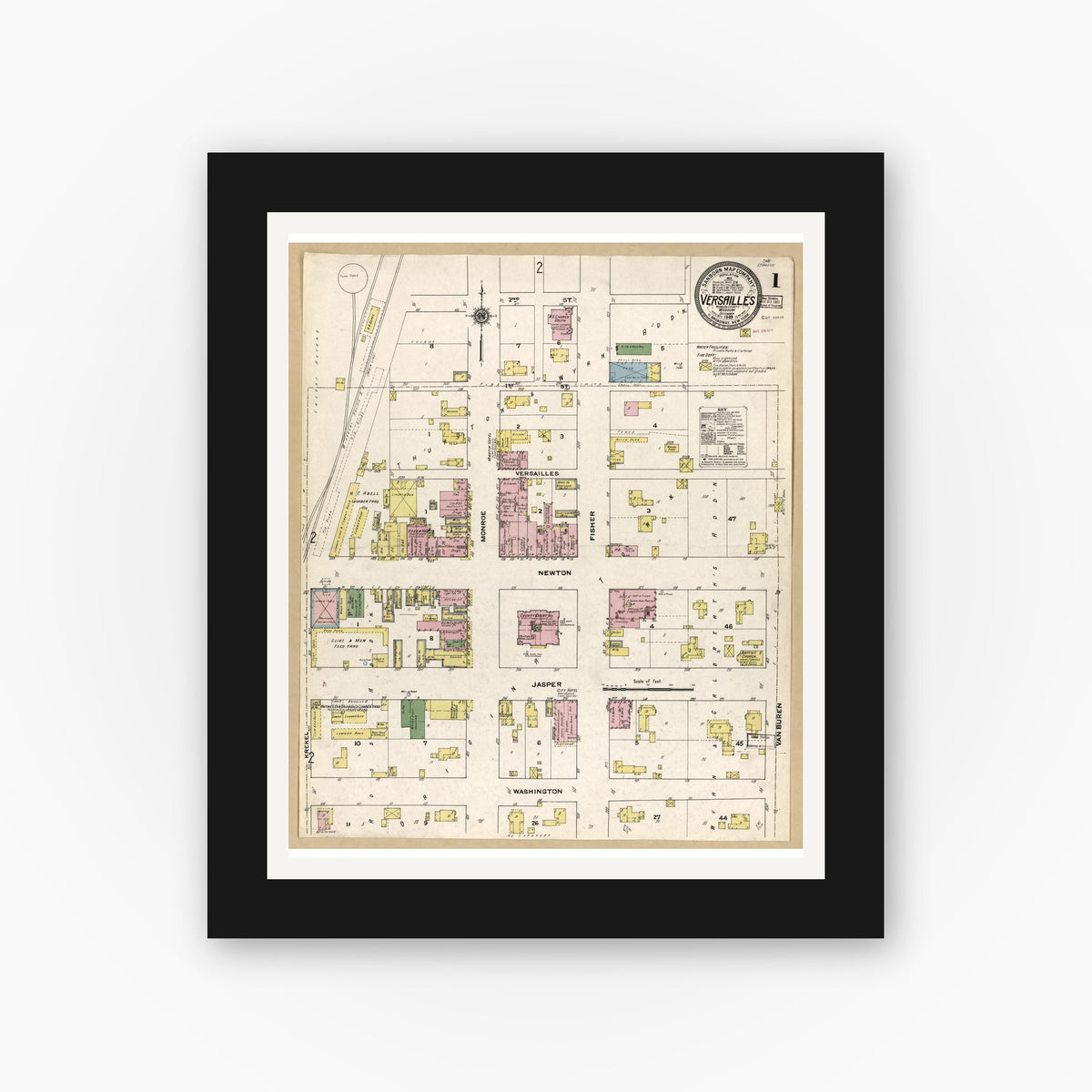 Old map wall art mockup — black gallery frame with white mat — Sanborn Fire Insurance Map from Versailles, Morgan County, Missouri (1909), Sheet #0001