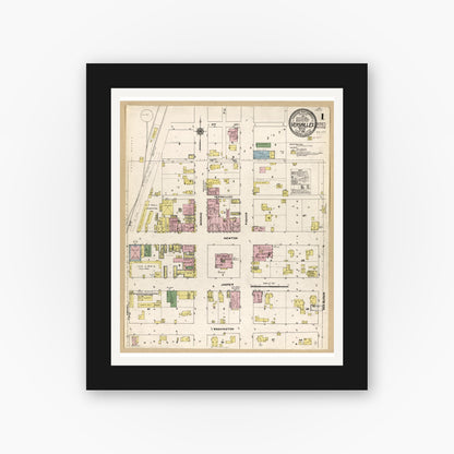 Old map wall art mockup — black gallery frame with white mat — Sanborn Fire Insurance Map from Versailles, Morgan County, Missouri (1909), Sheet #0001