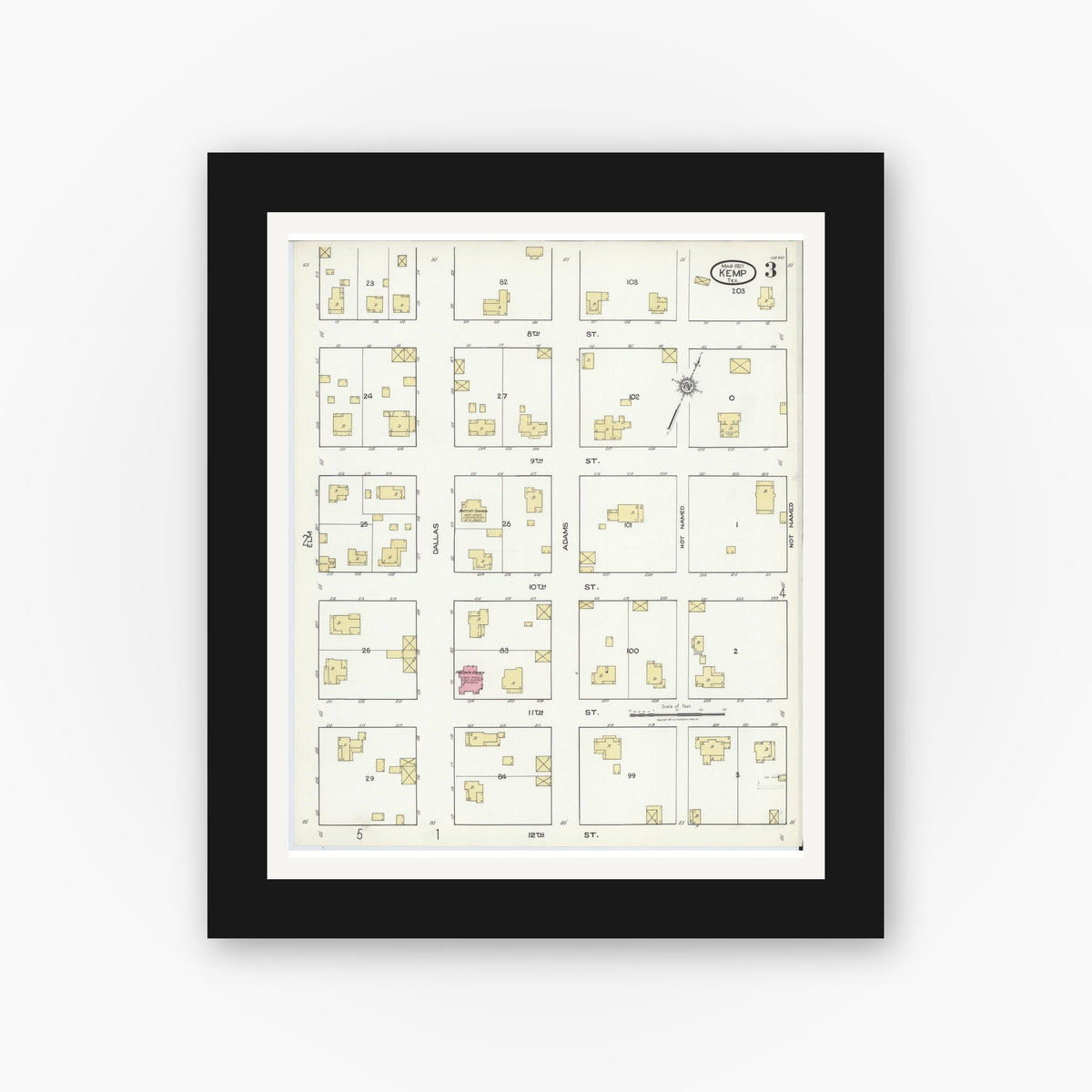 Old map wall art mockup — black gallery frame with white mat — Sanborn Fire Insurance Map from Kemp, Kaufman County, Texas (1921), Sheet #0003