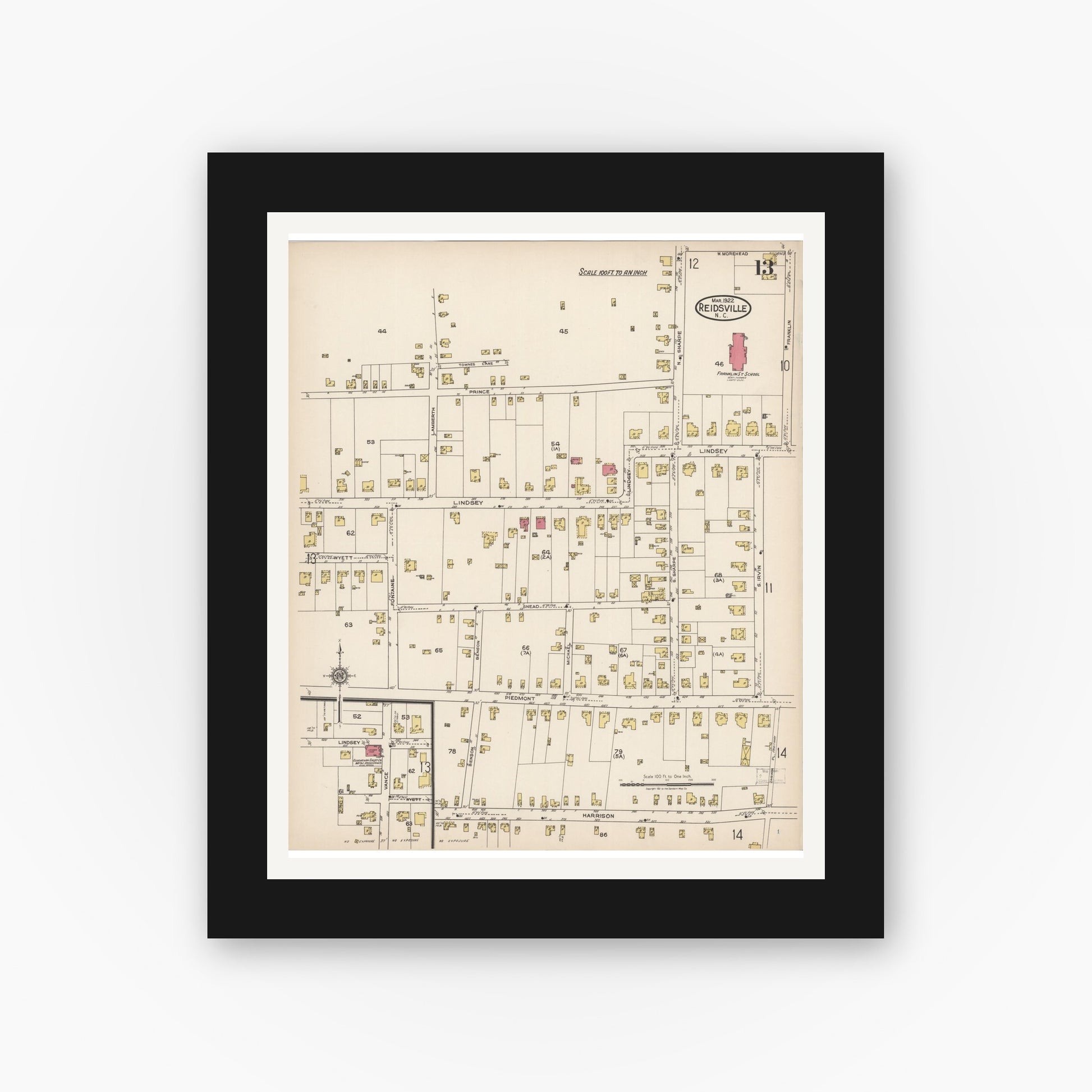 Old map wall art mockup — black gallery frame with white mat — Sanborn Fire Insurance Map from Reidsville, Rockingham County, North Carolina (1922), Sheet #0013