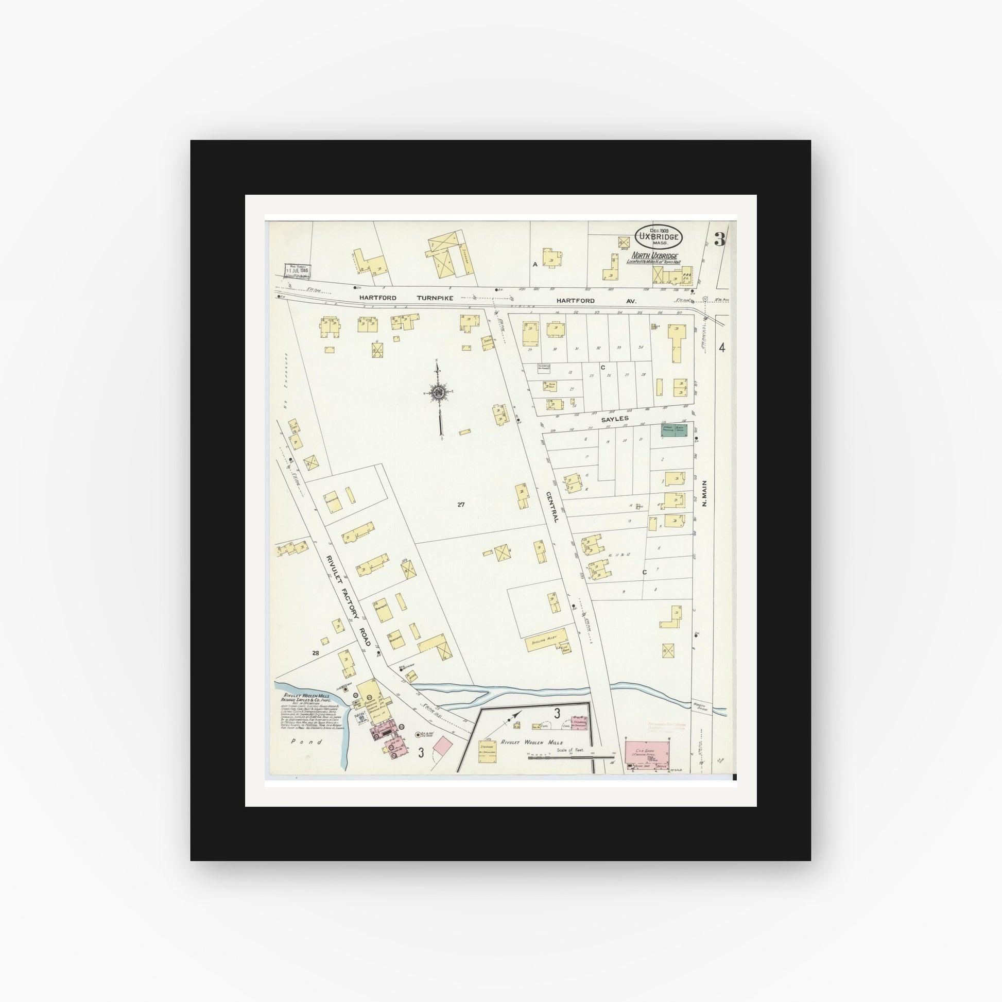 Old map wall art mockup — black gallery frame with white mat — Sanborn Fire Insurance Map from Uxbridge, Worcester County, Massachusetts (1909), Sheet #0003