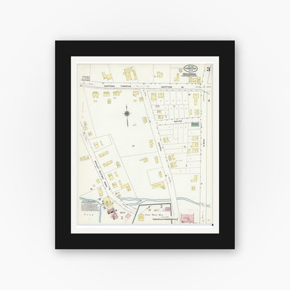 Old map wall art mockup — black gallery frame with white mat — Sanborn Fire Insurance Map from Uxbridge, Worcester County, Massachusetts (1909), Sheet #0003