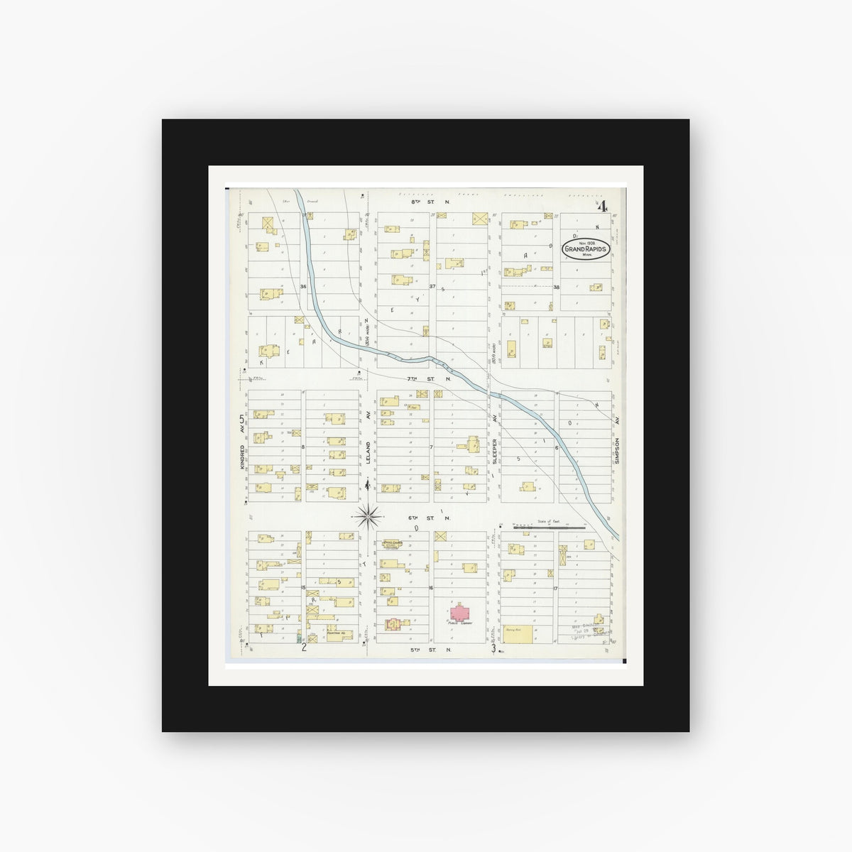 Old map wall art mockup — black gallery frame with white mat — Sanborn Fire Insurance Map from Grand Rapids, Itasca County, Minnesota (1908), Sheet #0004