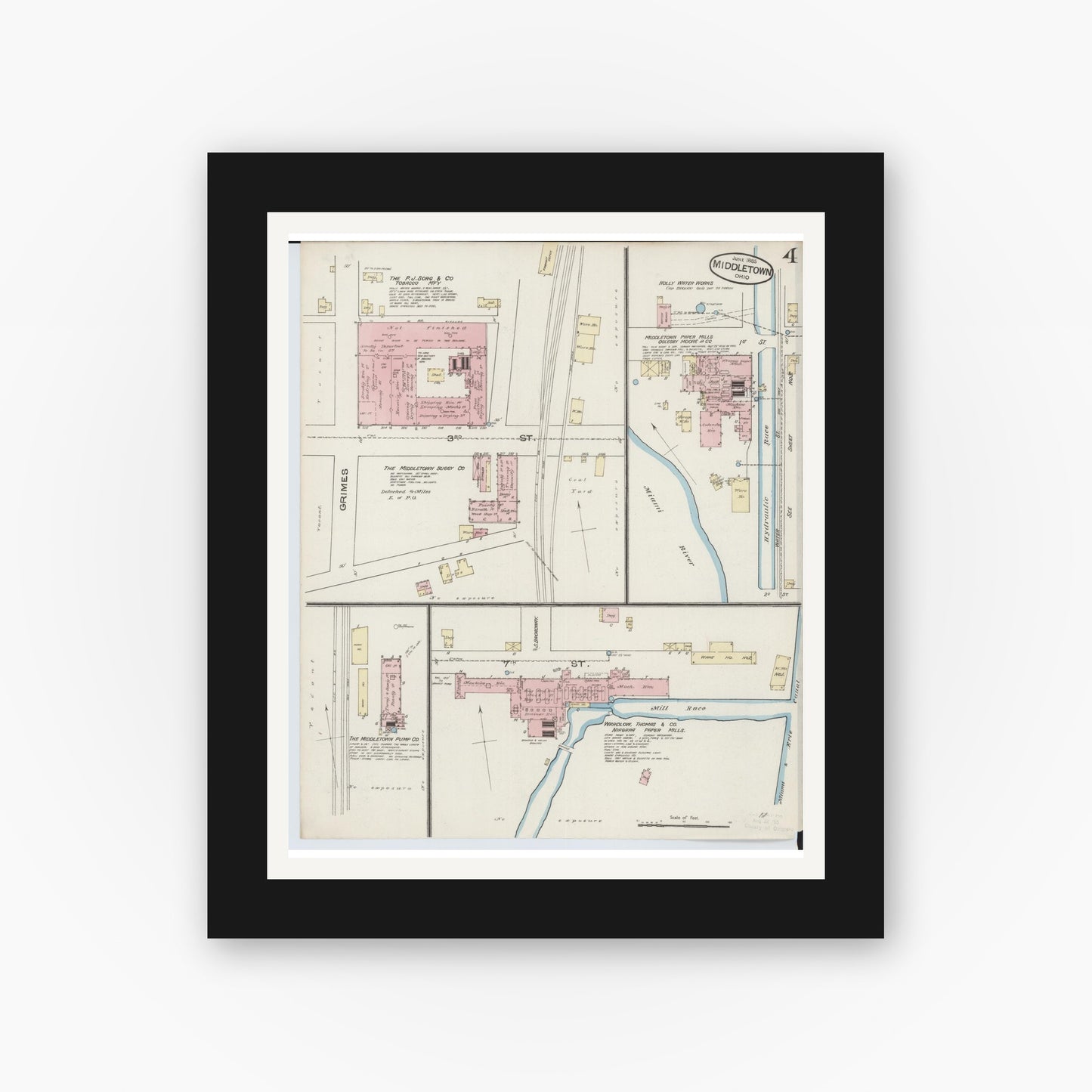 Old map wall art mockup — black gallery frame with white mat — Sanborn Fire Insurance Map from Middletown, Butler County, Ohio (1885), Sheet #0004
