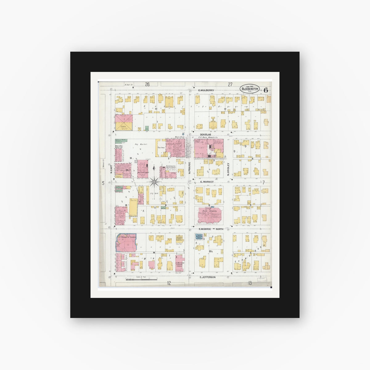 Old map wall art mockup — black gallery frame with white mat — Sanborn Fire Insurance Map from Bloomington, McLean County, Illinois (1901), Sheet #0006