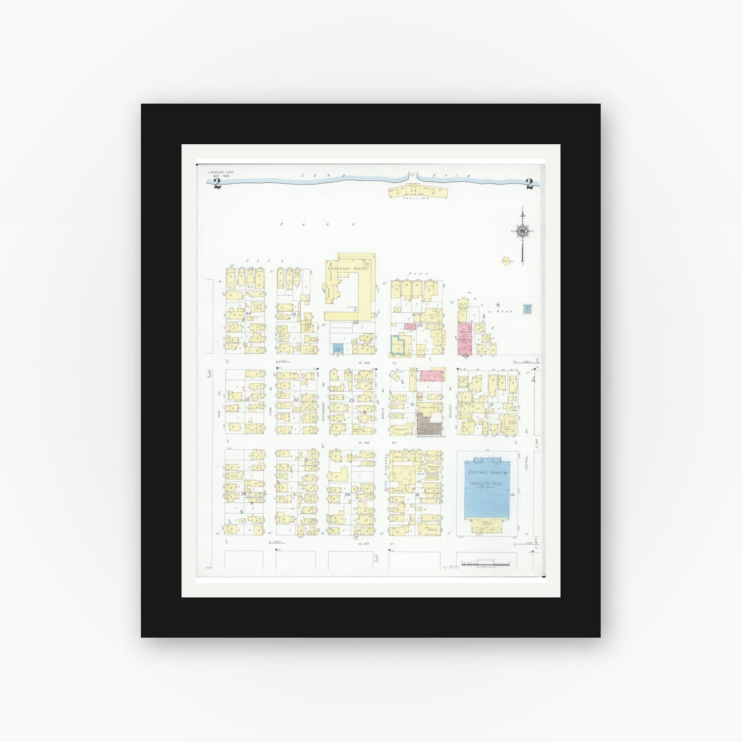Old map wall art mockup — black gallery frame with white mat — Sanborn Fire Insurance Map from Lakeside, Ottawa County, Ohio (1946), Sheet #0002