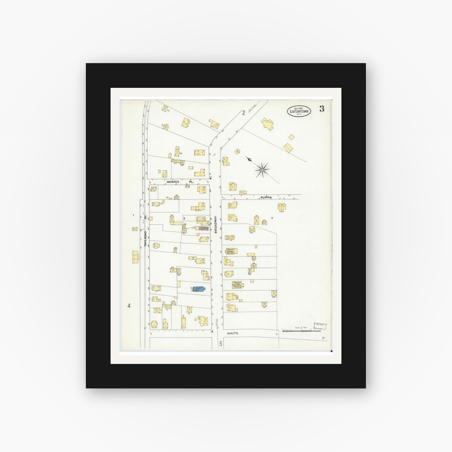 Old map wall art mockup — black gallery frame with white mat — Sanborn Fire Insurance Map from Eatontown, Monmouth County, New Jersey (1909), Sheet #0003