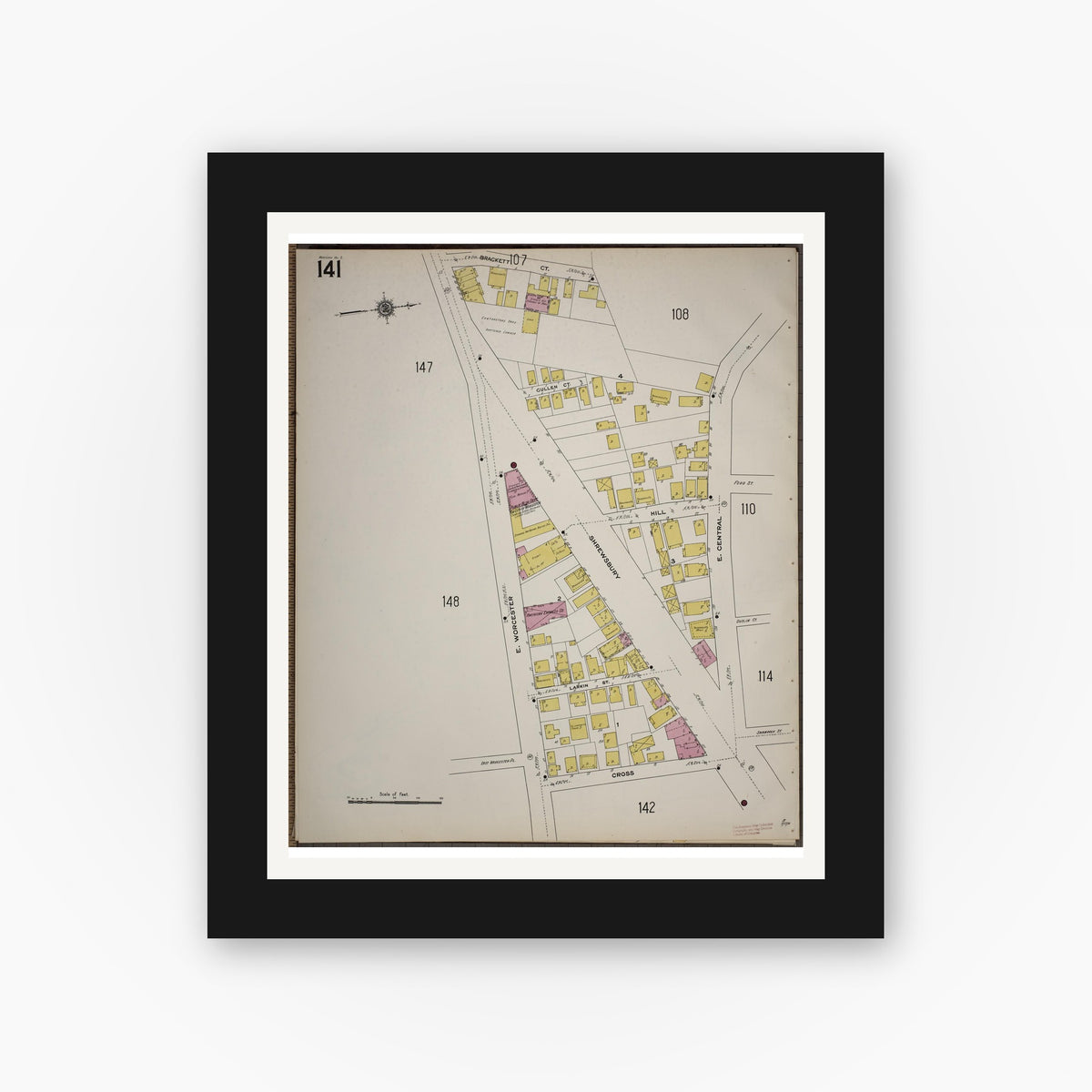 Old map wall art mockup — black gallery frame with white mat — Sanborn Fire Insurance Map from Worcester, Worcester County, Massachusetts (1910), Sheet #0141