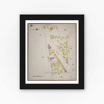 Old map wall art mockup — black gallery frame with white mat — Sanborn Fire Insurance Map from Worcester, Worcester County, Massachusetts (1910), Sheet #0141