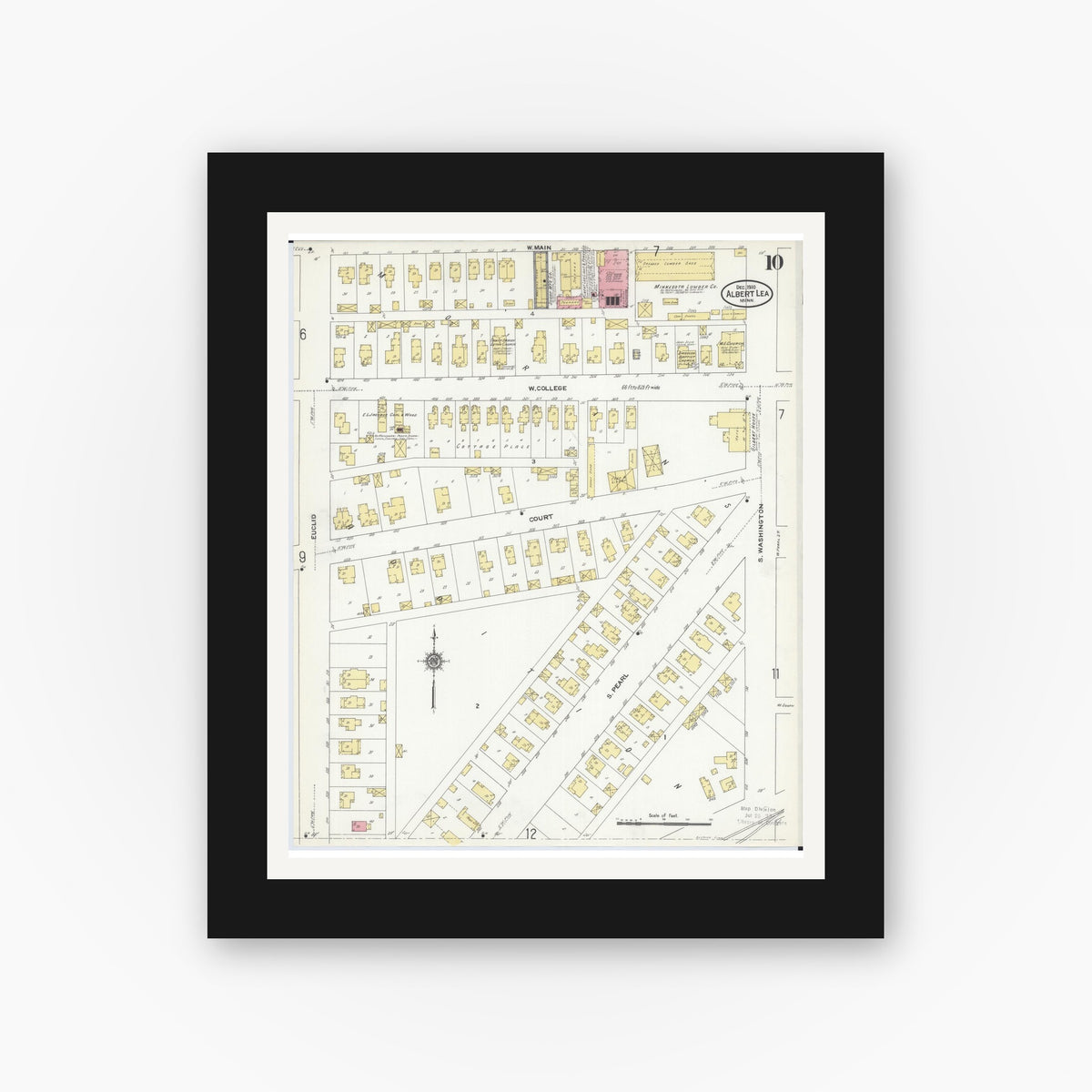 Old map wall art mockup — black gallery frame with white mat — Sanborn Fire Insurance Map from Albert Lea, Freeborn County, Minnesota (1910), Sheet #0010