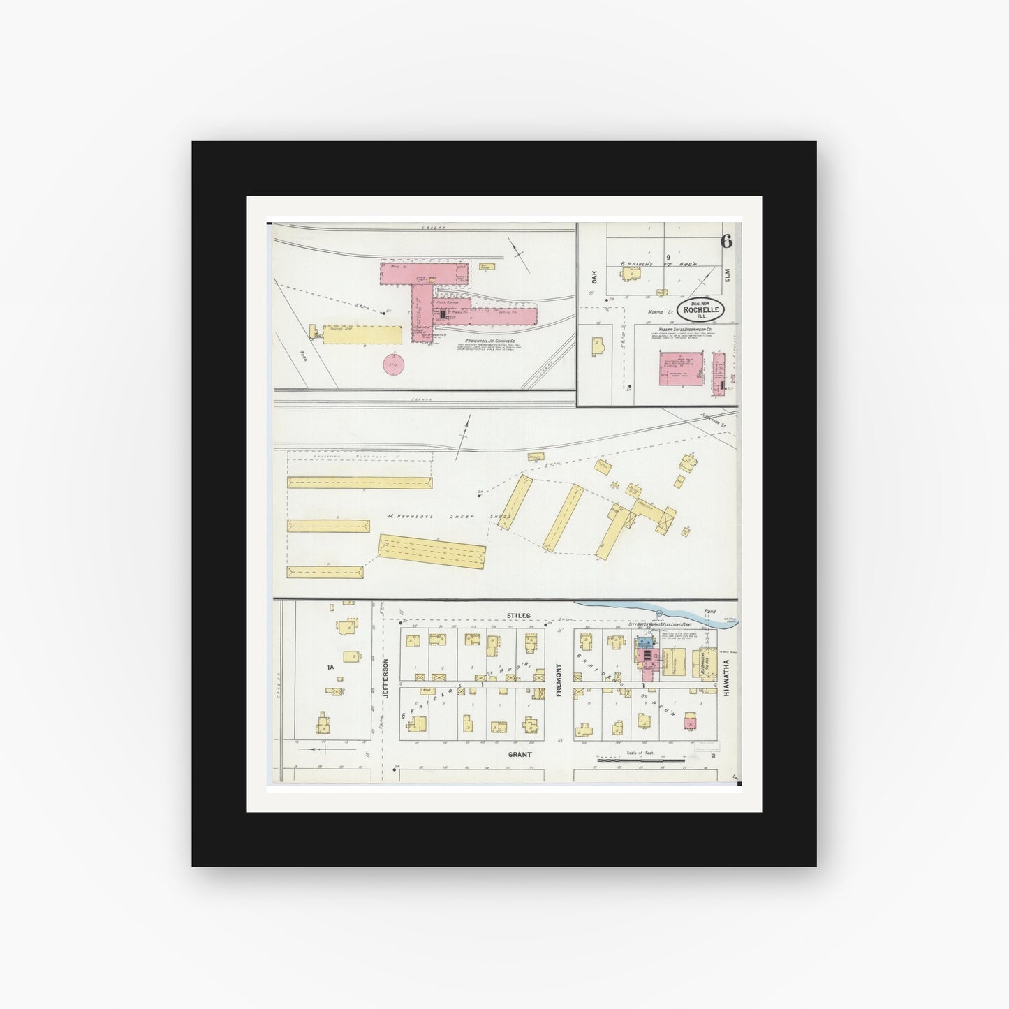 Old map wall art mockup — black gallery frame with white mat — Sanborn Fire Insurance Map from Rochelle, Ogle County, Illinois (1904), Sheet #0006