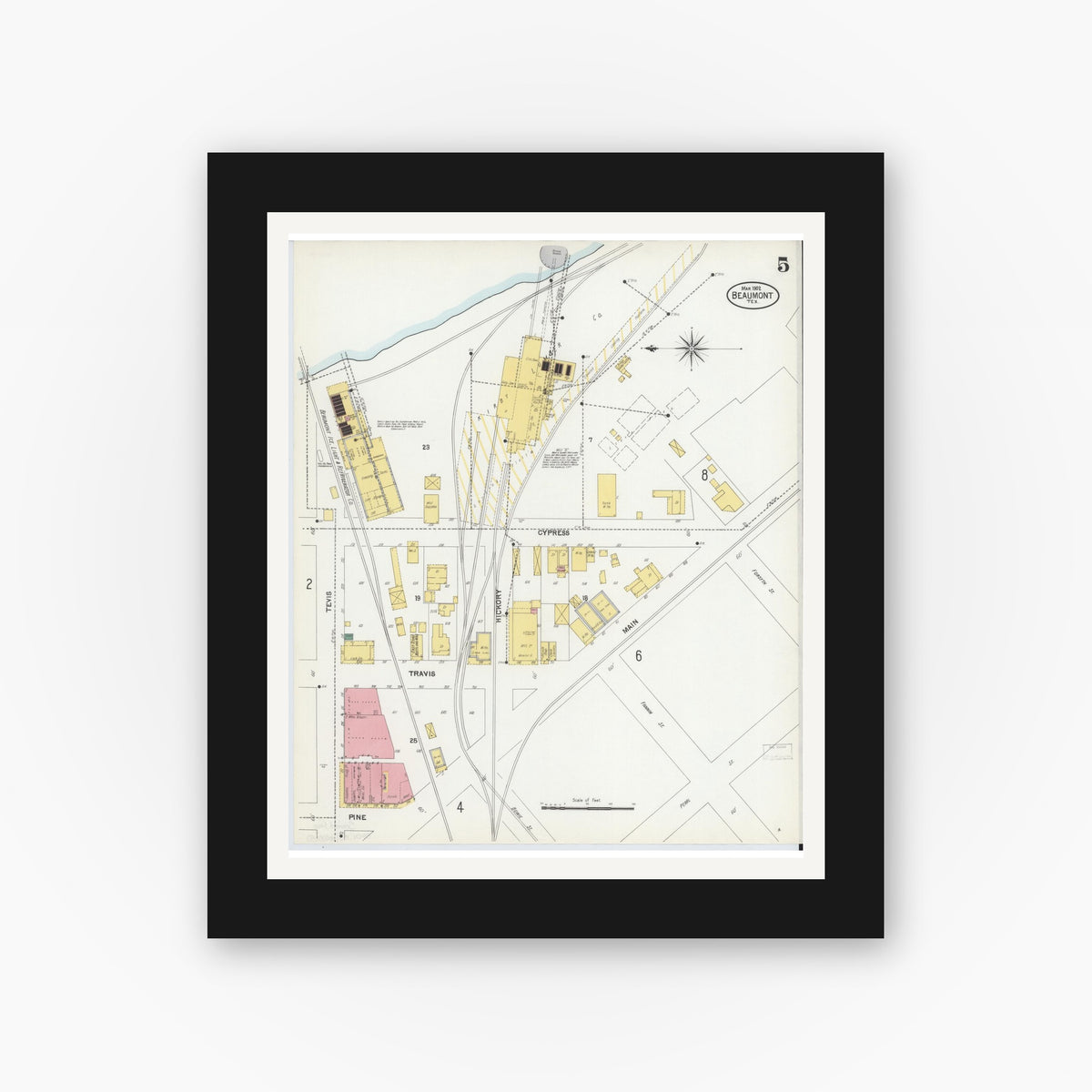 Old map wall art mockup — black gallery frame with white mat — Sanborn Fire Insurance Map from Beaumont, Jefferson County, Texas (1902), Sheet #0005