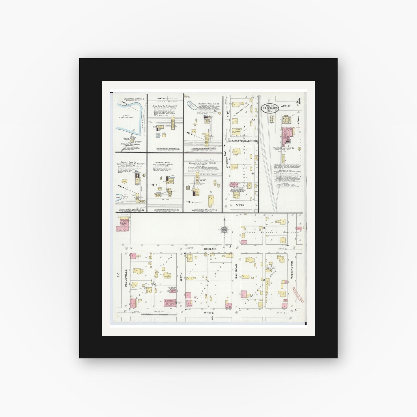 Old map wall art mockup — black gallery frame with white mat — Sanborn Fire Insurance Map from Freeburg, Saint Clair County, Illinois (1910), Sheet #0004