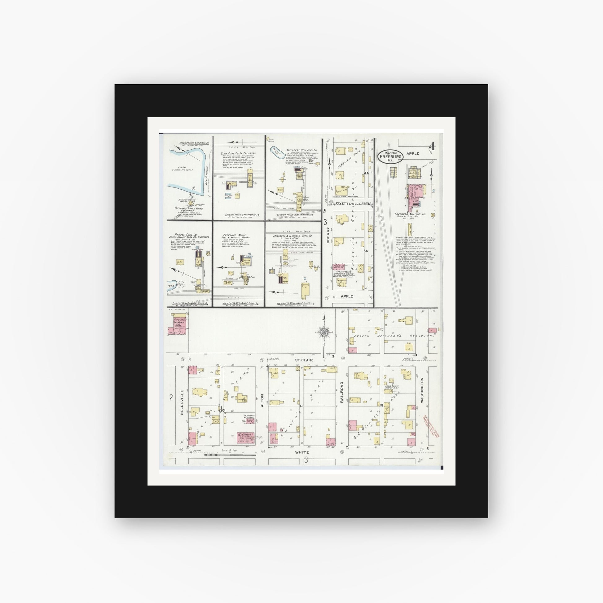 Old map wall art mockup — black gallery frame with white mat — Sanborn Fire Insurance Map from Freeburg, Saint Clair County, Illinois (1910), Sheet #0004