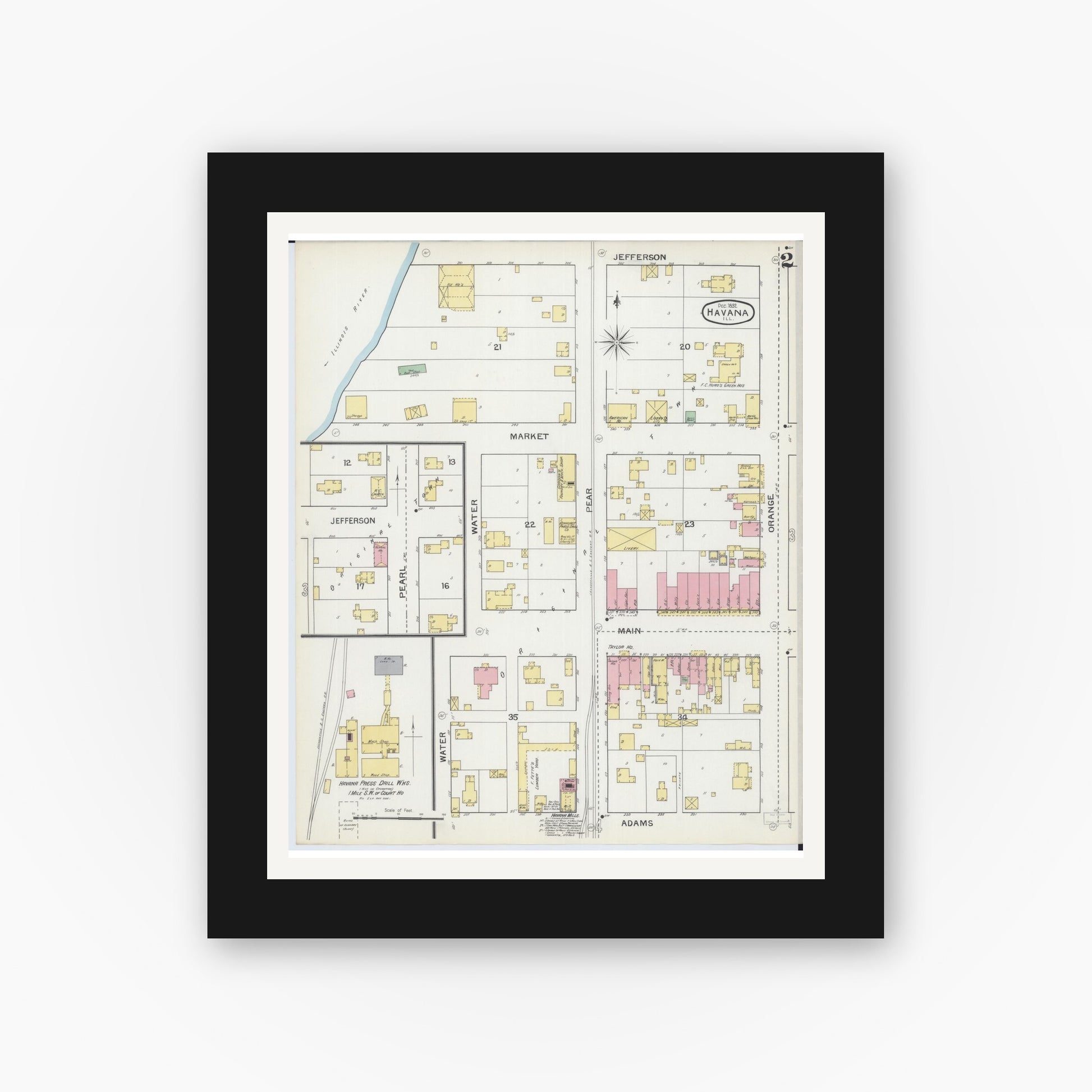 Old map wall art mockup — black gallery frame with white mat — Sanborn Fire Insurance Map from Havana, Mason County, Illinois (1892), Sheet #0002