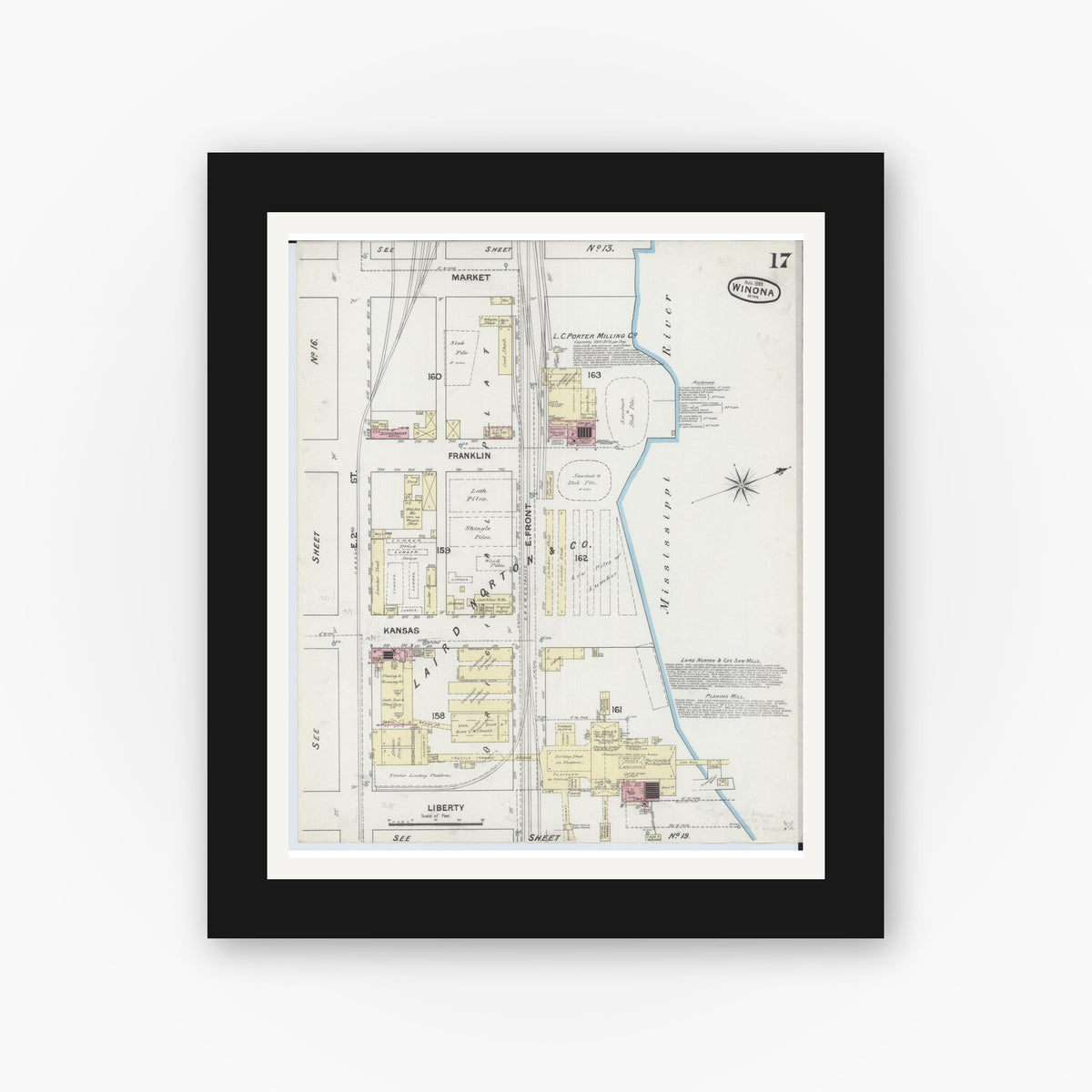 Old map wall art mockup — black gallery frame with white mat — Sanborn Fire Insurance Map from Winona, Winona County, Minnesota (1889), Sheet #0017