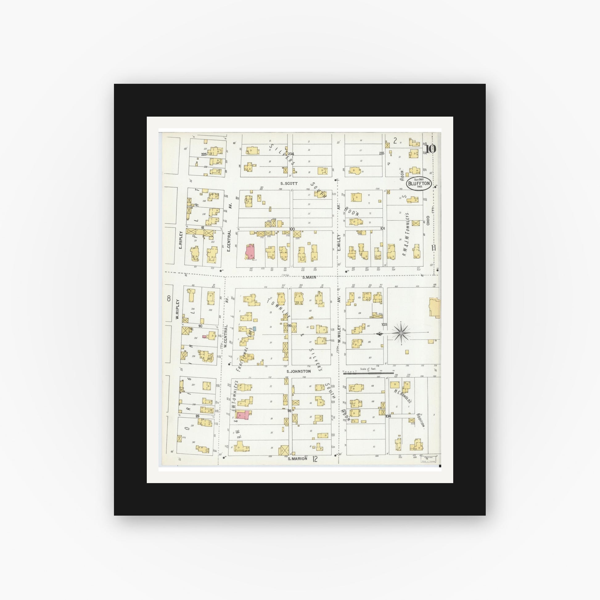 Old map wall art mockup — black gallery frame with white mat — Sanborn Fire Insurance Map from Bluffton, Wells County, Indiana (1900), Sheet #0010