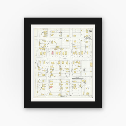Old map wall art mockup — black gallery frame with white mat — Sanborn Fire Insurance Map from Bluffton, Wells County, Indiana (1900), Sheet #0010