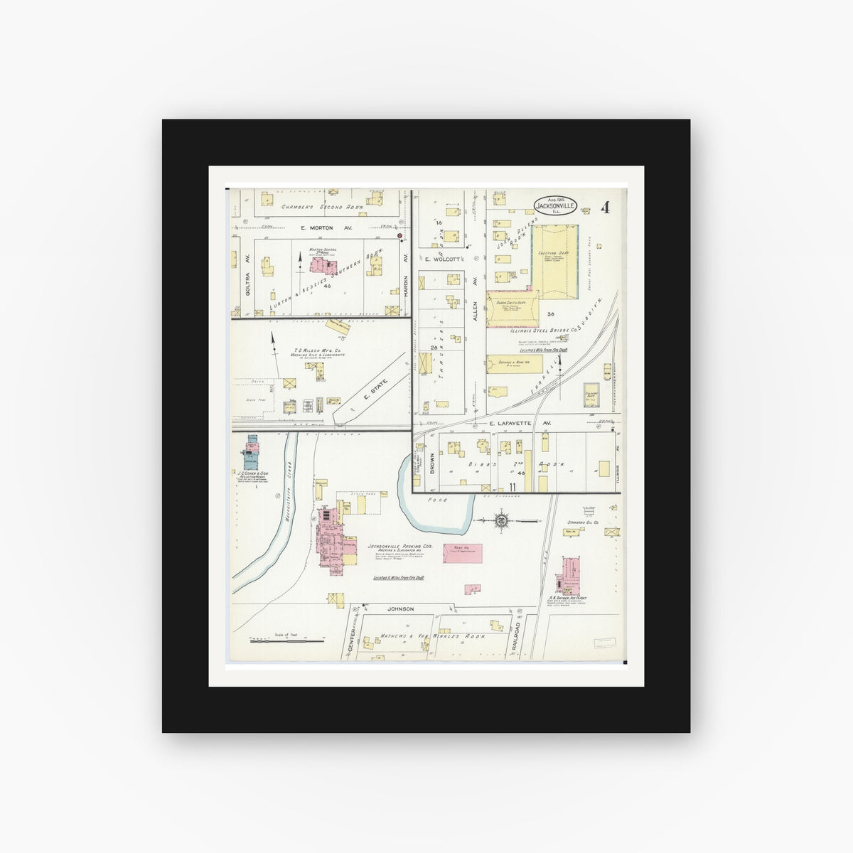 Old map wall art mockup — black gallery frame with white mat — Sanborn Fire Insurance Map from Jacksonville, Morgan County, Illinois (1914), Sheet #0004