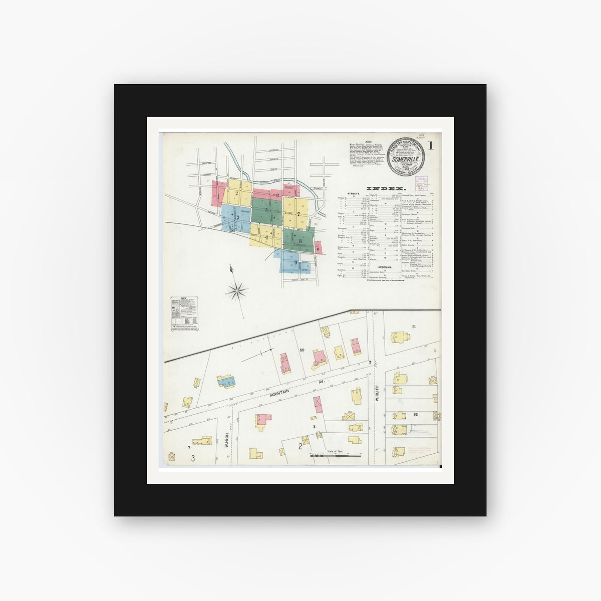 Old map wall art mockup — black gallery frame with white mat — Sanborn Fire Insurance Map from Somerville, Somerset County, New Jersey (1902), Sheet #0001