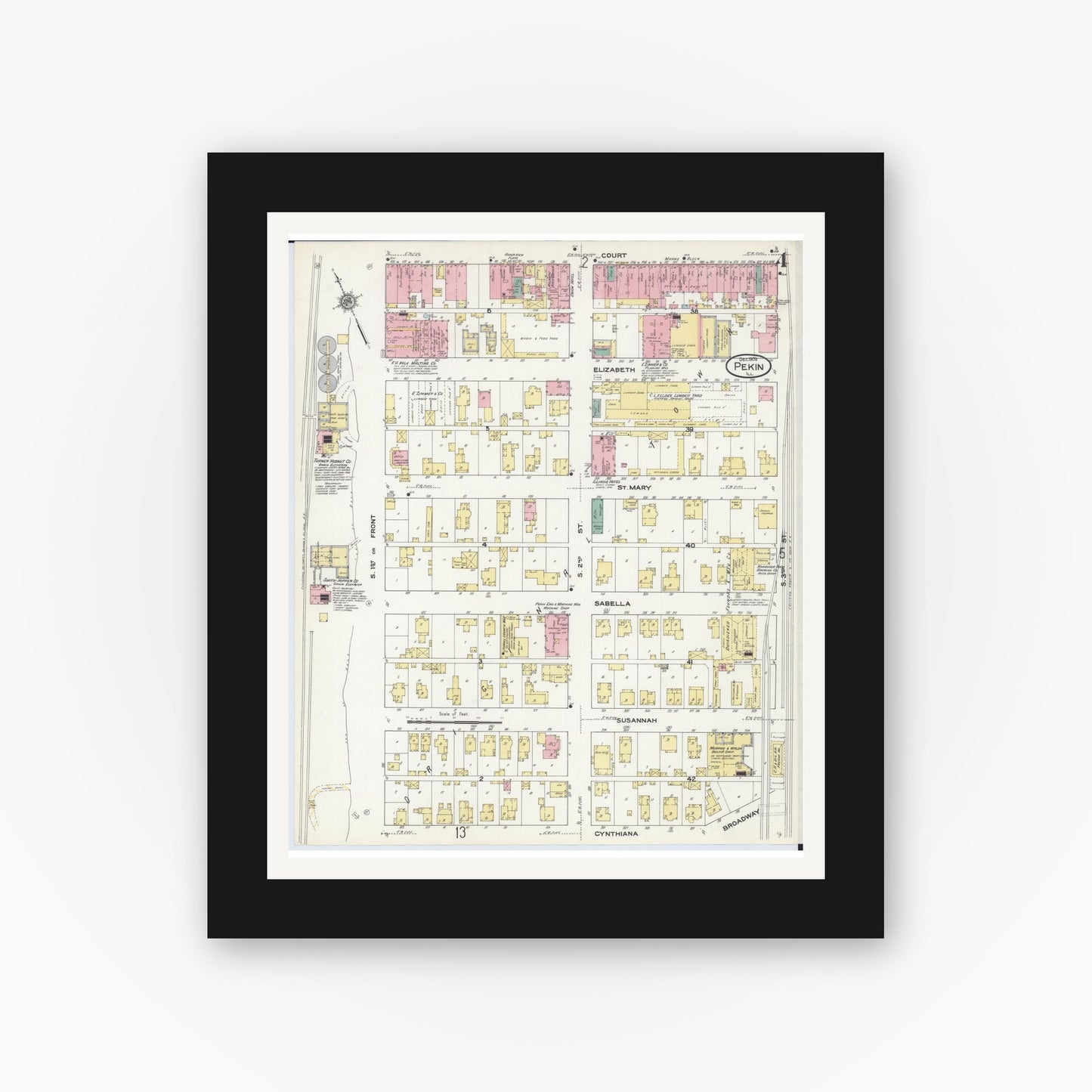Old map wall art mockup — black gallery frame with white mat — Sanborn Fire Insurance Map from Pekin, Tazewell County, Illinois (1909), Sheet #0004