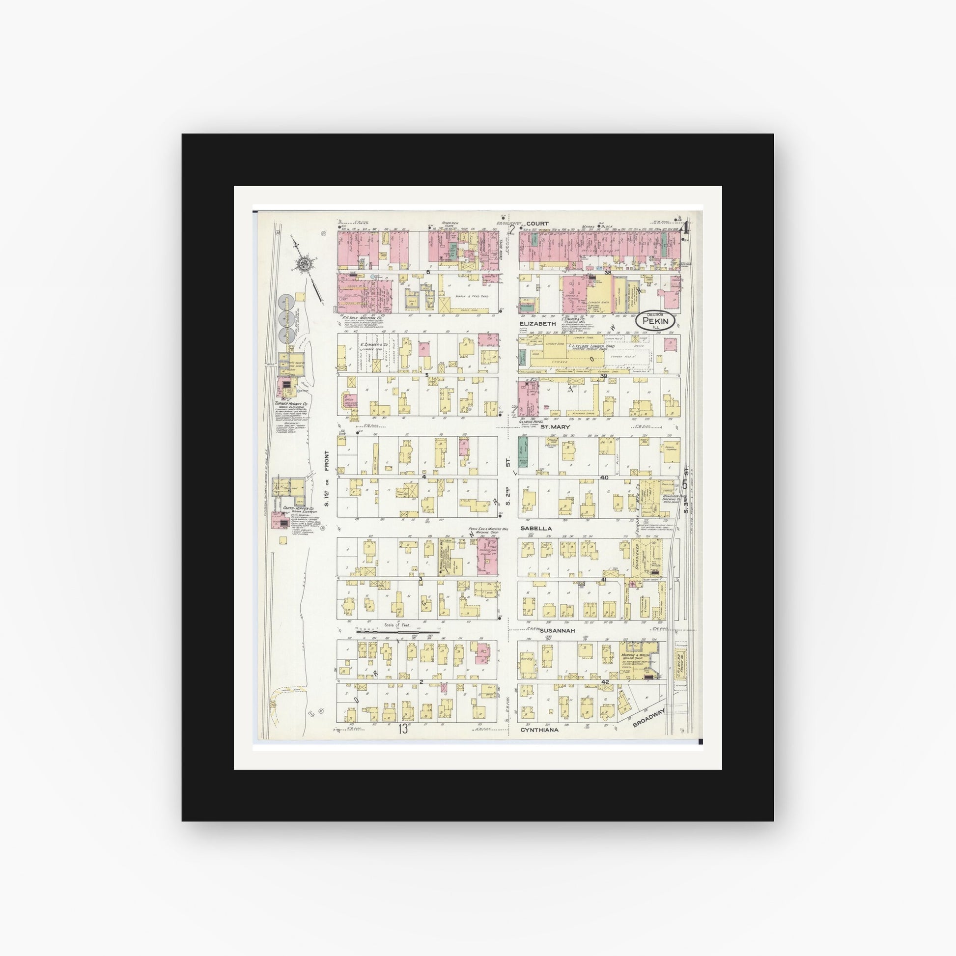 Old map wall art mockup — black gallery frame with white mat — Sanborn Fire Insurance Map from Pekin, Tazewell County, Illinois (1909), Sheet #0004