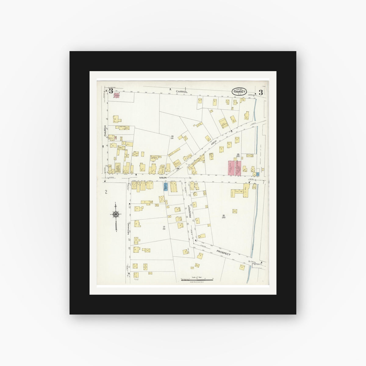 Old map wall art mockup — black gallery frame with white mat — Sanborn Fire Insurance Map from Ramsey, Bergen County, New Jersey (1924), Sheet #0003