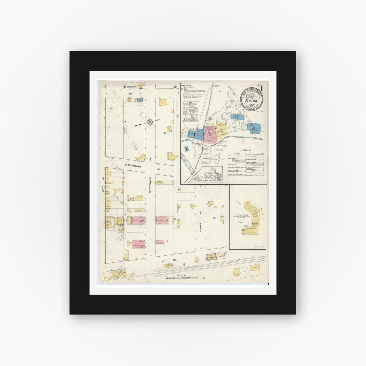 Old map wall art mockup — black gallery frame with white mat — Sanborn Fire Insurance Map from Elkton, Rockingham County, Virginia (1913), Sheet #0001