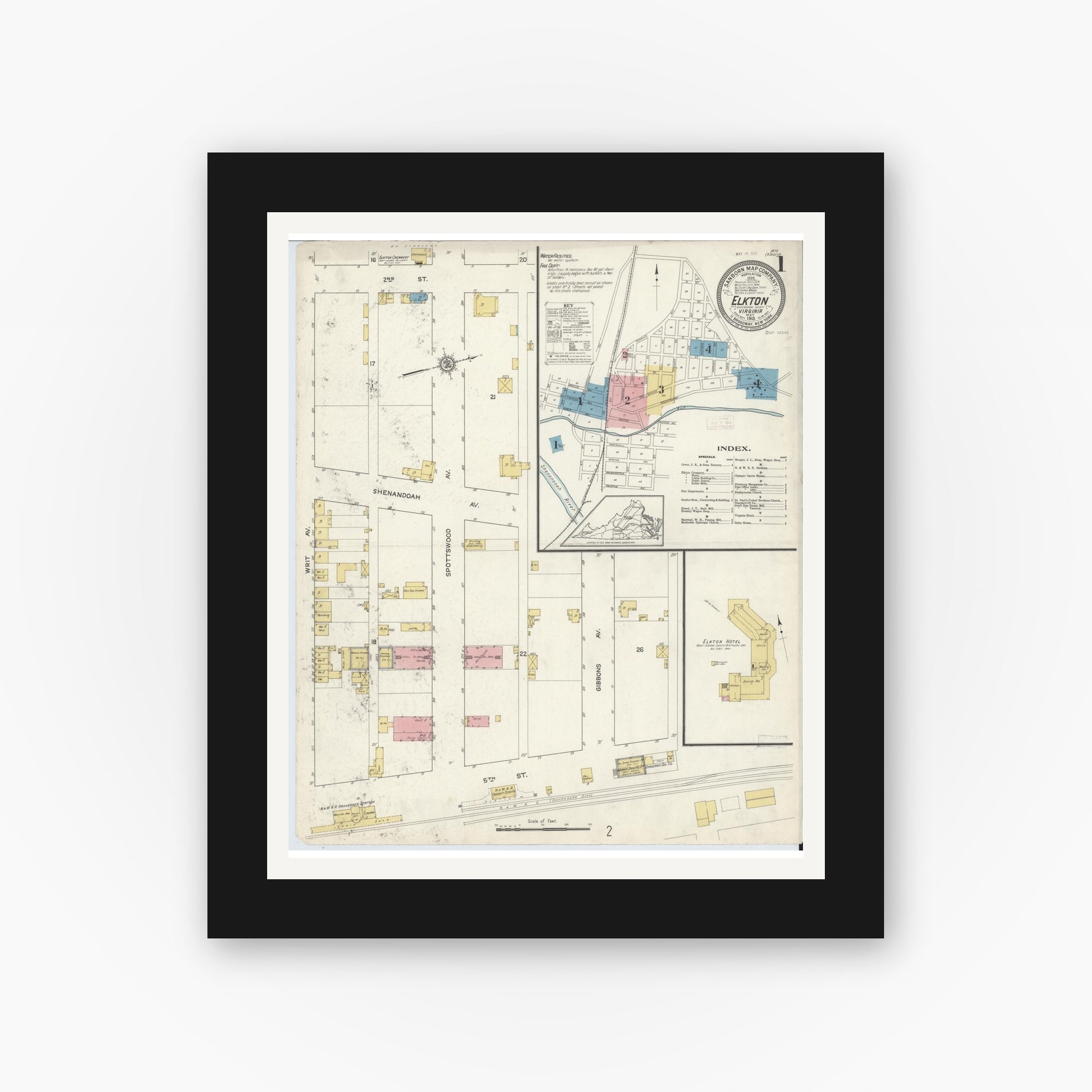 Old map wall art mockup — black gallery frame with white mat — Sanborn Fire Insurance Map from Elkton, Rockingham County, Virginia (1913), Sheet #0001