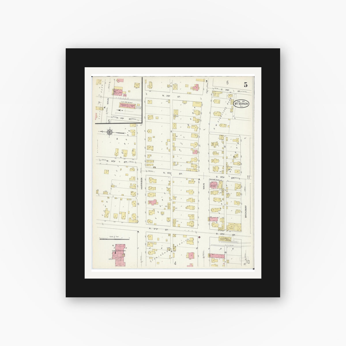 Old map wall art mockup — black gallery frame with white mat — Sanborn Fire Insurance Map from Mount Vernon, Jefferson County, Illinois (1913), Sheet #0005