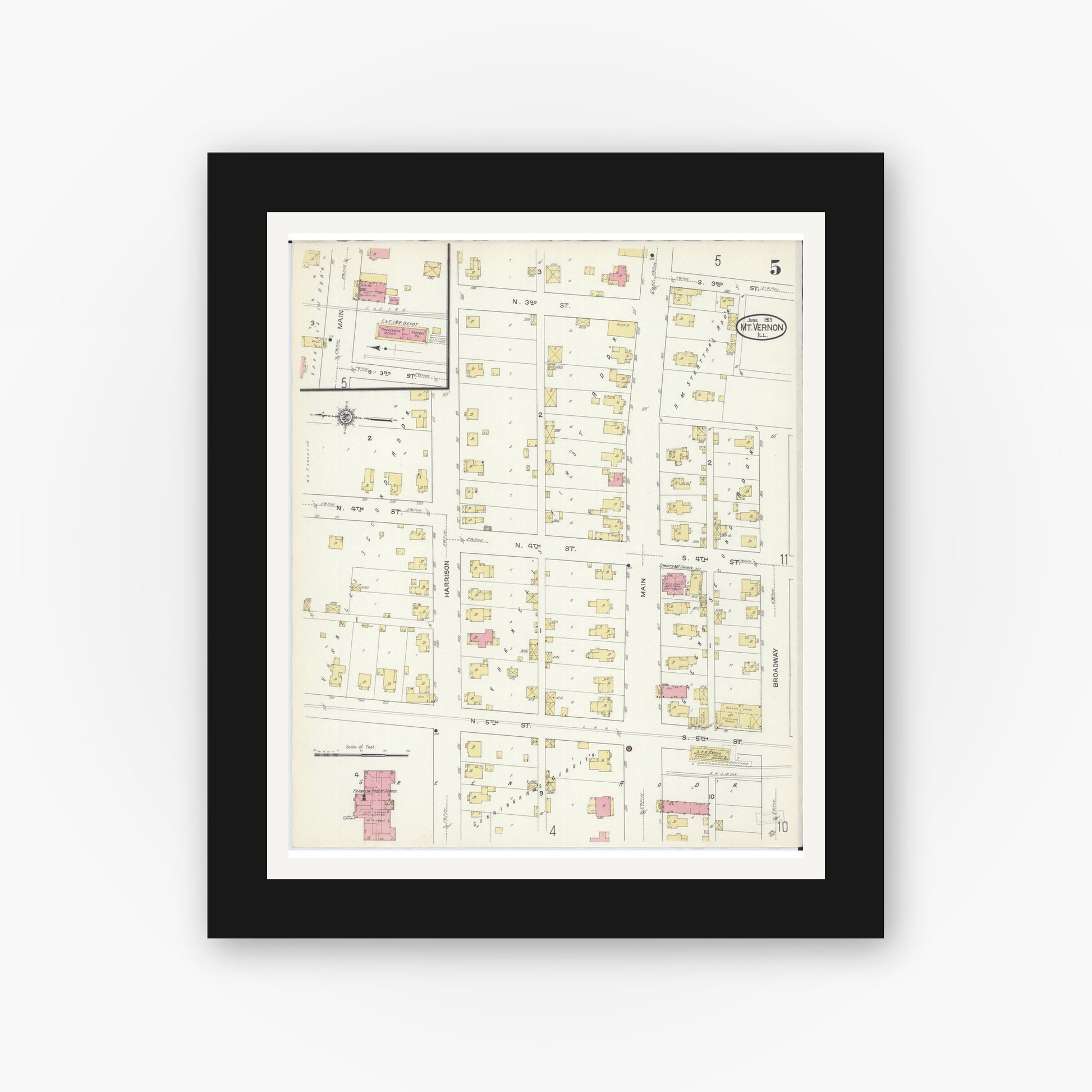 Old map wall art mockup — black gallery frame with white mat — Sanborn Fire Insurance Map from Mount Vernon, Jefferson County, Illinois (1913), Sheet #0005