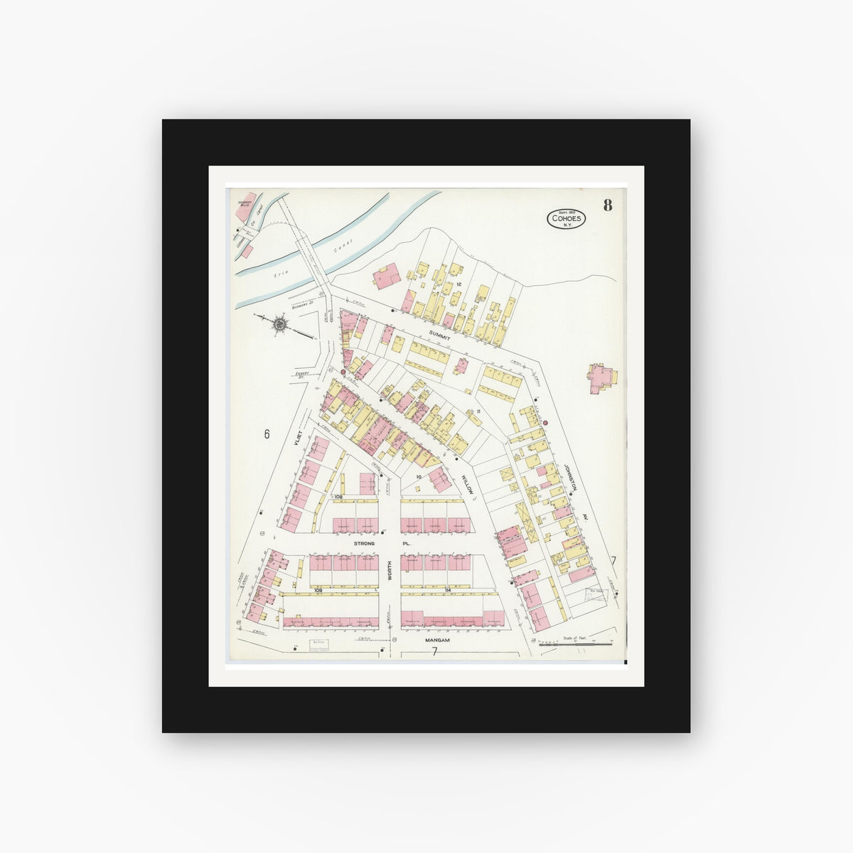 Old map wall art mockup — black gallery frame with white mat — Sanborn Fire Insurance Map from Cohoes, Albany County, New York (1910), Sheet #0008