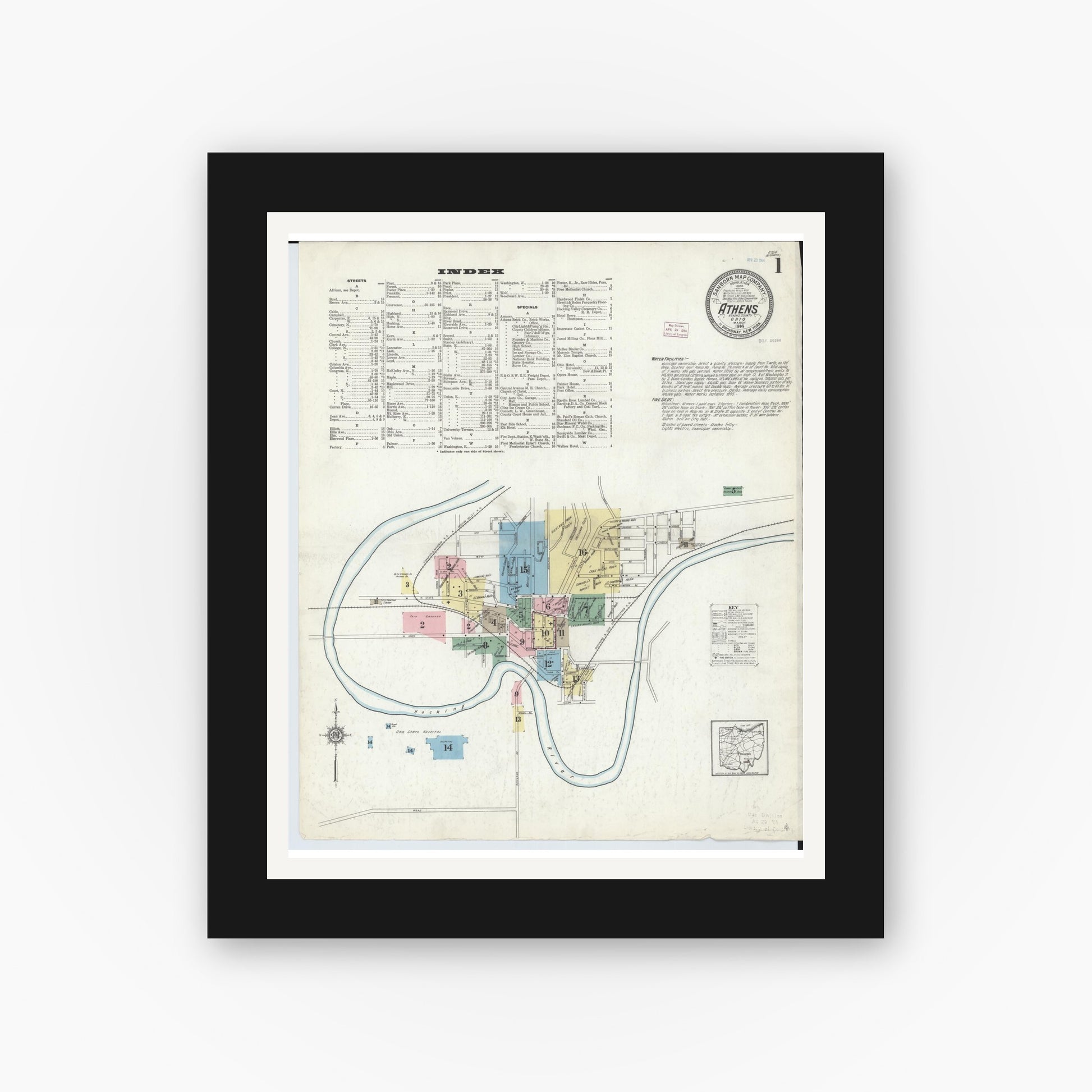 Old map wall art mockup — black gallery frame with white mat — Sanborn Fire Insurance Map from Athens, Athens County, Ohio (1914), Sheet #0001