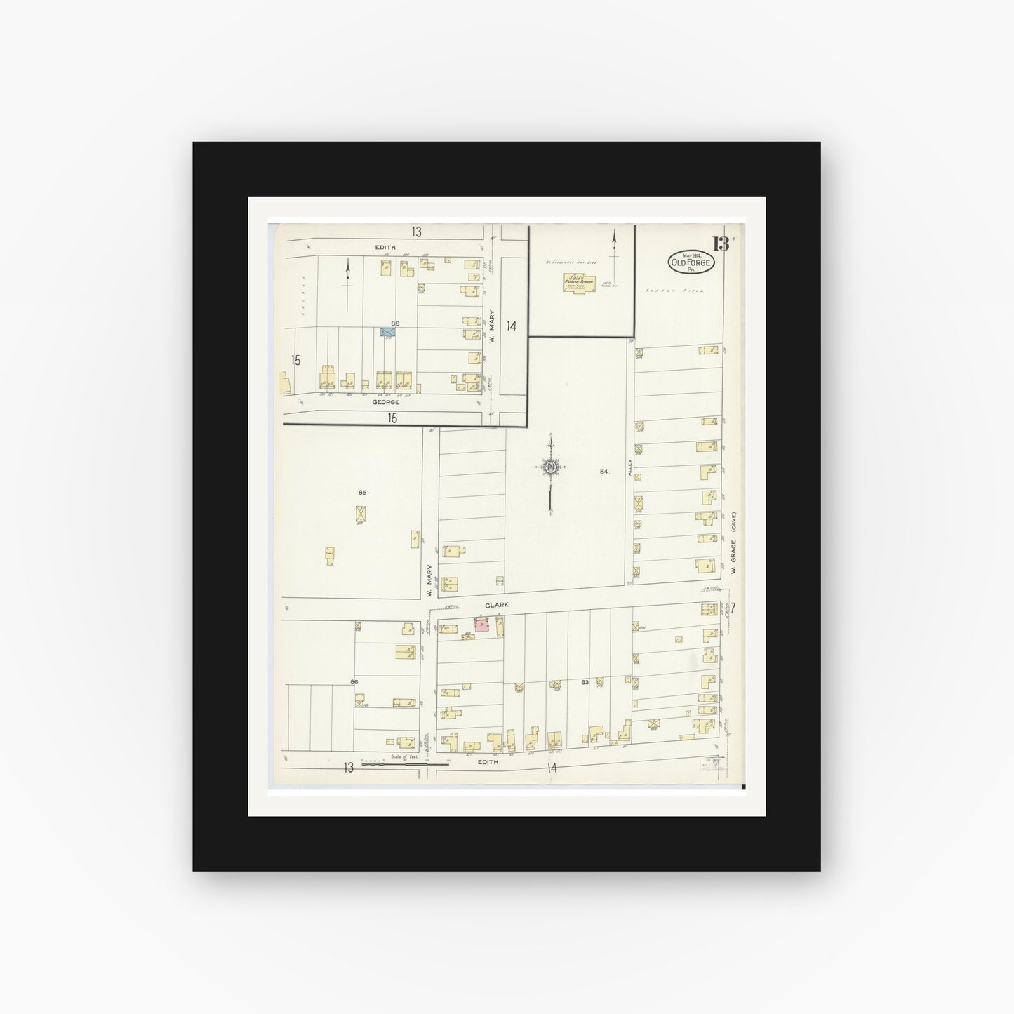 Old map wall art mockup — black gallery frame with white mat — Sanborn Fire Insurance Map from Old Forge, Lackawanna County, Pennsylvania (1914), Sheet #0013