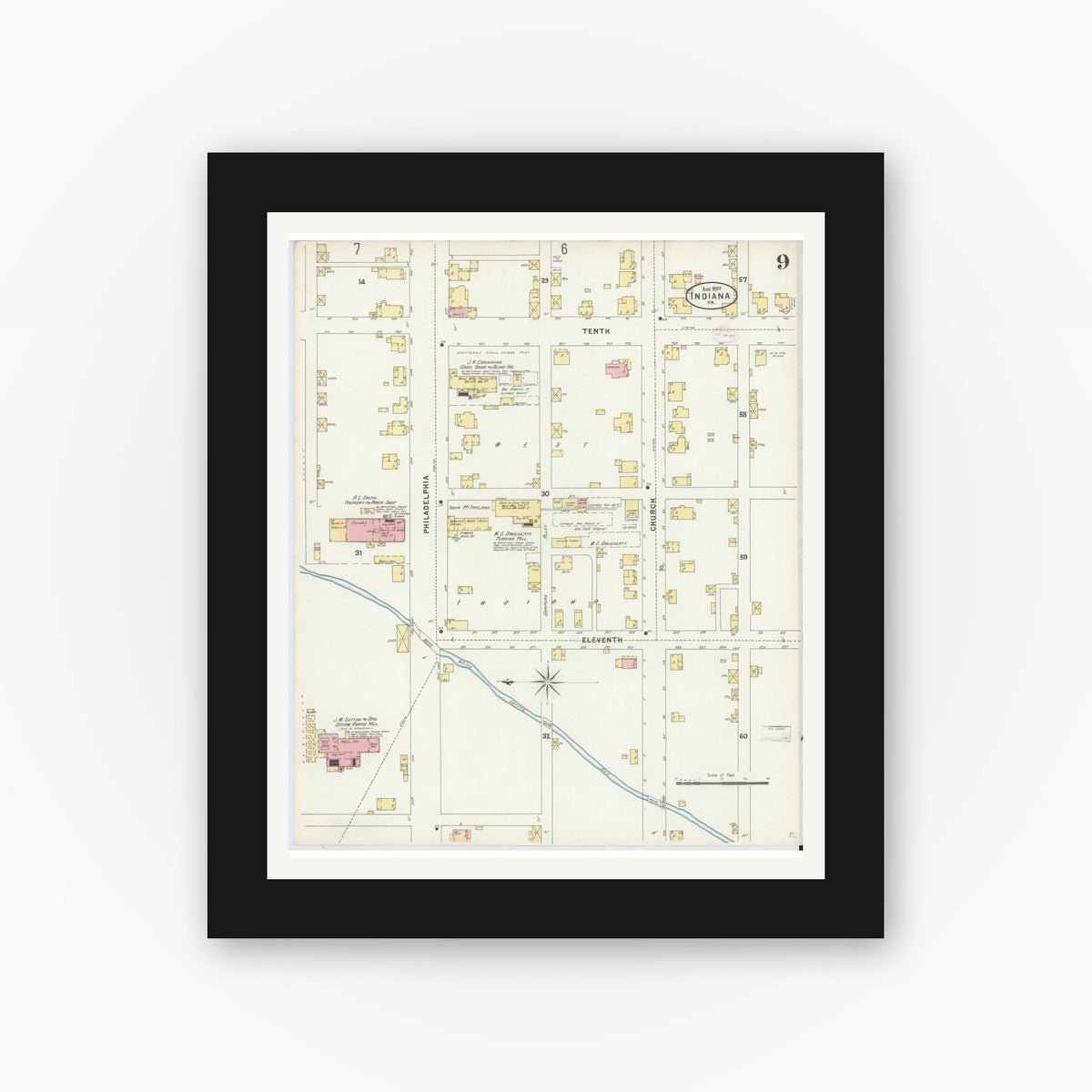 Old map wall art mockup — black gallery frame with white mat — Sanborn Fire Insurance Map from Indiana, Indiana County, Pennsylvania (1888), Sheet #0009