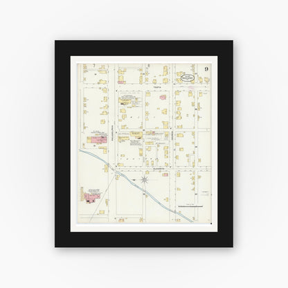 Old map wall art mockup — black gallery frame with white mat — Sanborn Fire Insurance Map from Indiana, Indiana County, Pennsylvania (1888), Sheet #0009