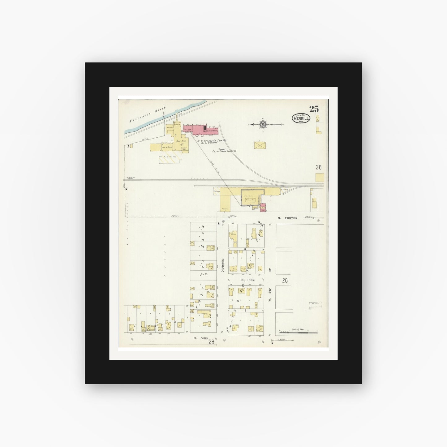 Old map wall art mockup — black gallery frame with white mat — Sanborn Fire Insurance Map from Merrill, Lincoln County, Wisconsin (1913), Sheet #0025