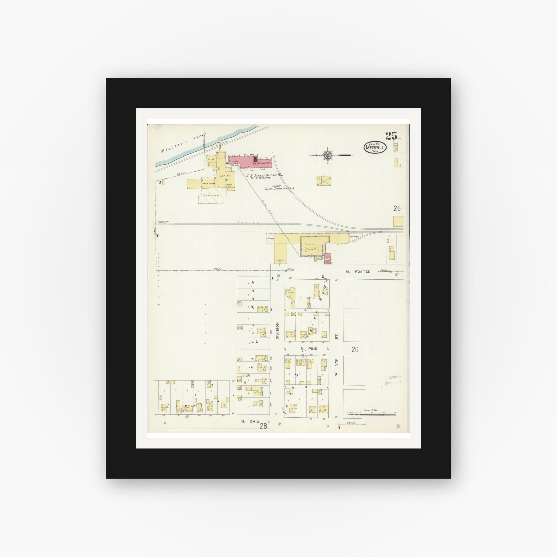 Old map wall art mockup — black gallery frame with white mat — Sanborn Fire Insurance Map from Merrill, Lincoln County, Wisconsin (1913), Sheet #0025