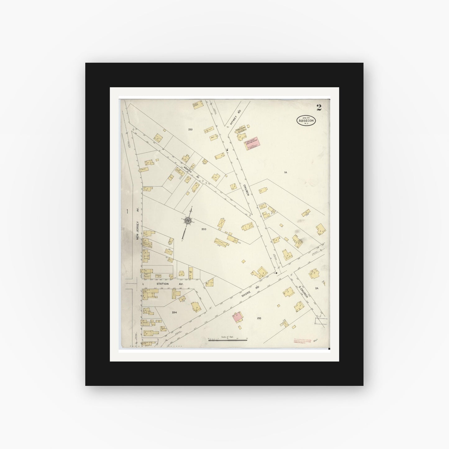 Old map wall art mockup — black gallery frame with white mat — Sanborn Fire Insurance Map from Absecon, Atlantic County, New Jersey (1911), Sheet #0002