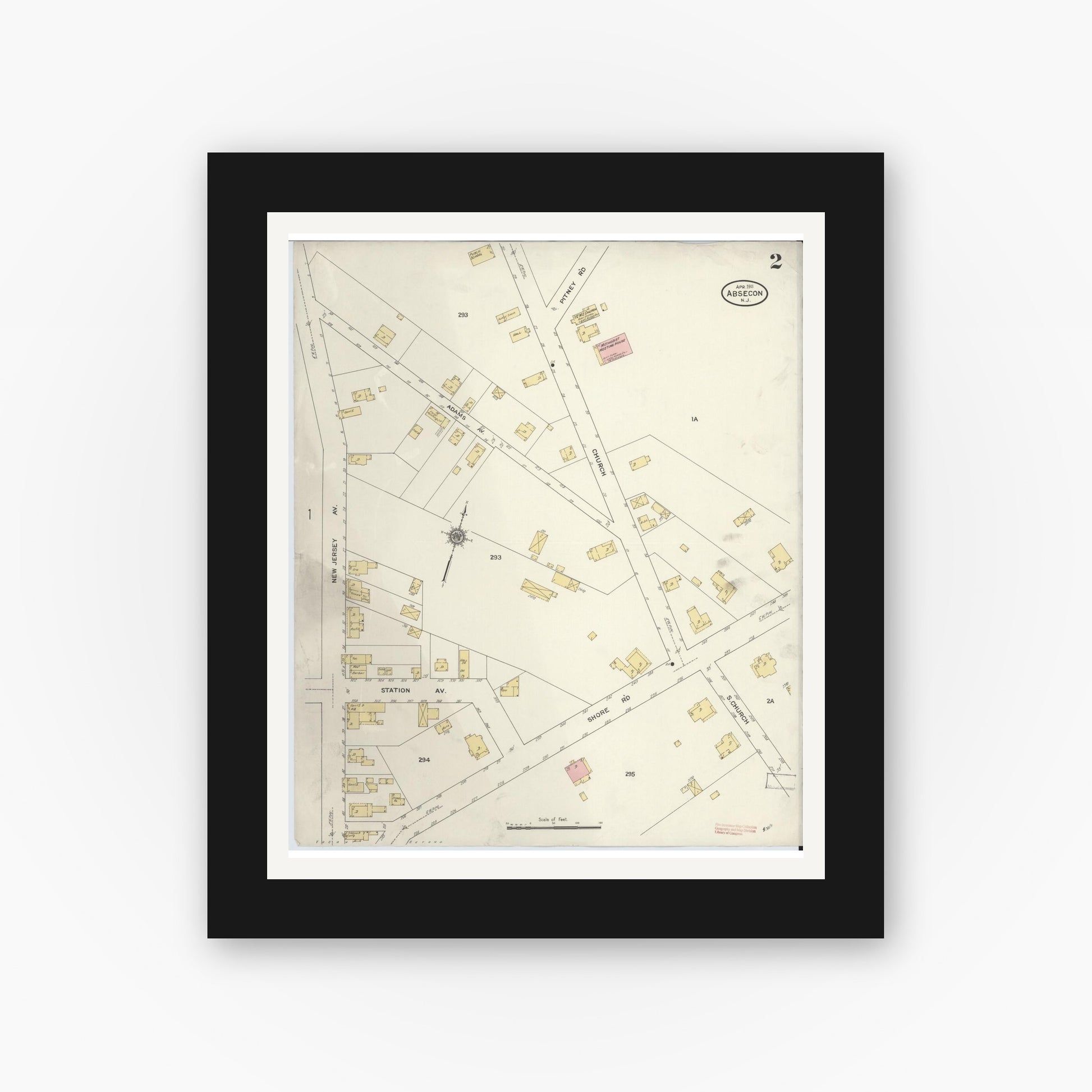 Old map wall art mockup — black gallery frame with white mat — Sanborn Fire Insurance Map from Absecon, Atlantic County, New Jersey (1911), Sheet #0002