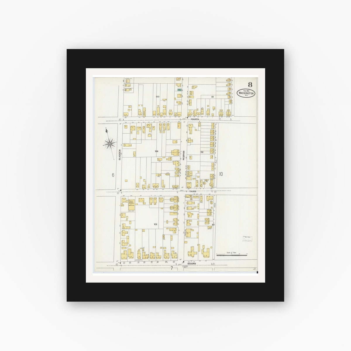 Old map wall art mockup — black gallery frame with white mat — Sanborn Fire Insurance Map from Washington, Beaufort County, North Carolina (1904), Sheet #0008