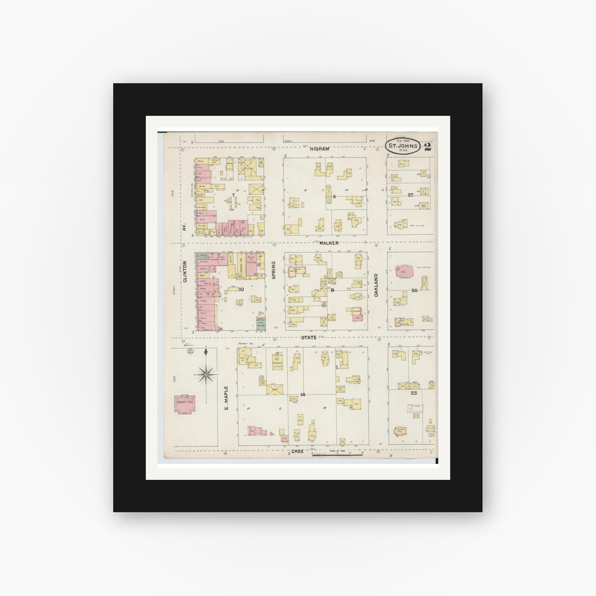 Old map wall art mockup — black gallery frame with white mat — Sanborn Fire Insurance Map from Saint Johns, Clinton County, Michigan (1890), Sheet #0002