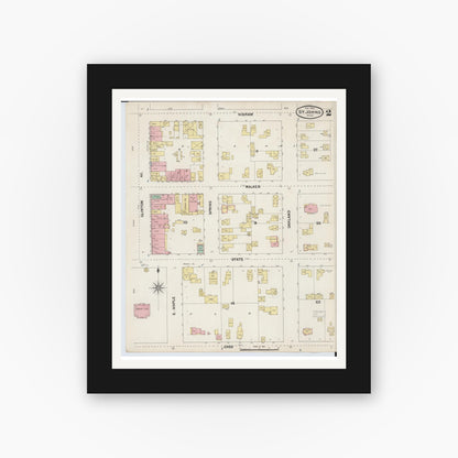 Old map wall art mockup — black gallery frame with white mat — Sanborn Fire Insurance Map from Saint Johns, Clinton County, Michigan (1890), Sheet #0002