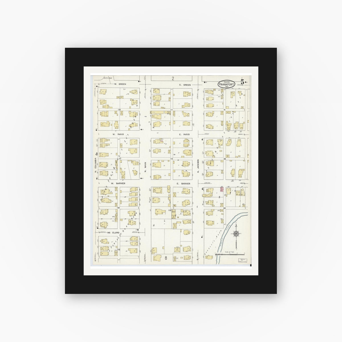Old map wall art mockup — black gallery frame with white mat — Sanborn Fire Insurance Map from Frankfort, Clinton County, Indiana (1912), Sheet #0005