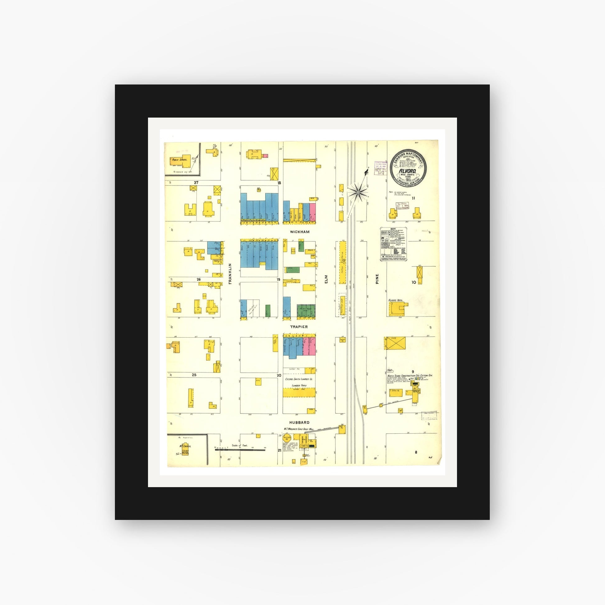 Old map wall art mockup — black gallery frame with white mat — Sanborn Fire Insurance Map from Alvord, Wise County, Texas (1905), Sheet #0001