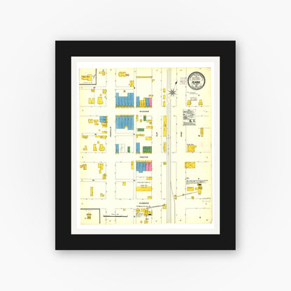 Old map wall art mockup — black gallery frame with white mat — Sanborn Fire Insurance Map from Alvord, Wise County, Texas (1905), Sheet #0001