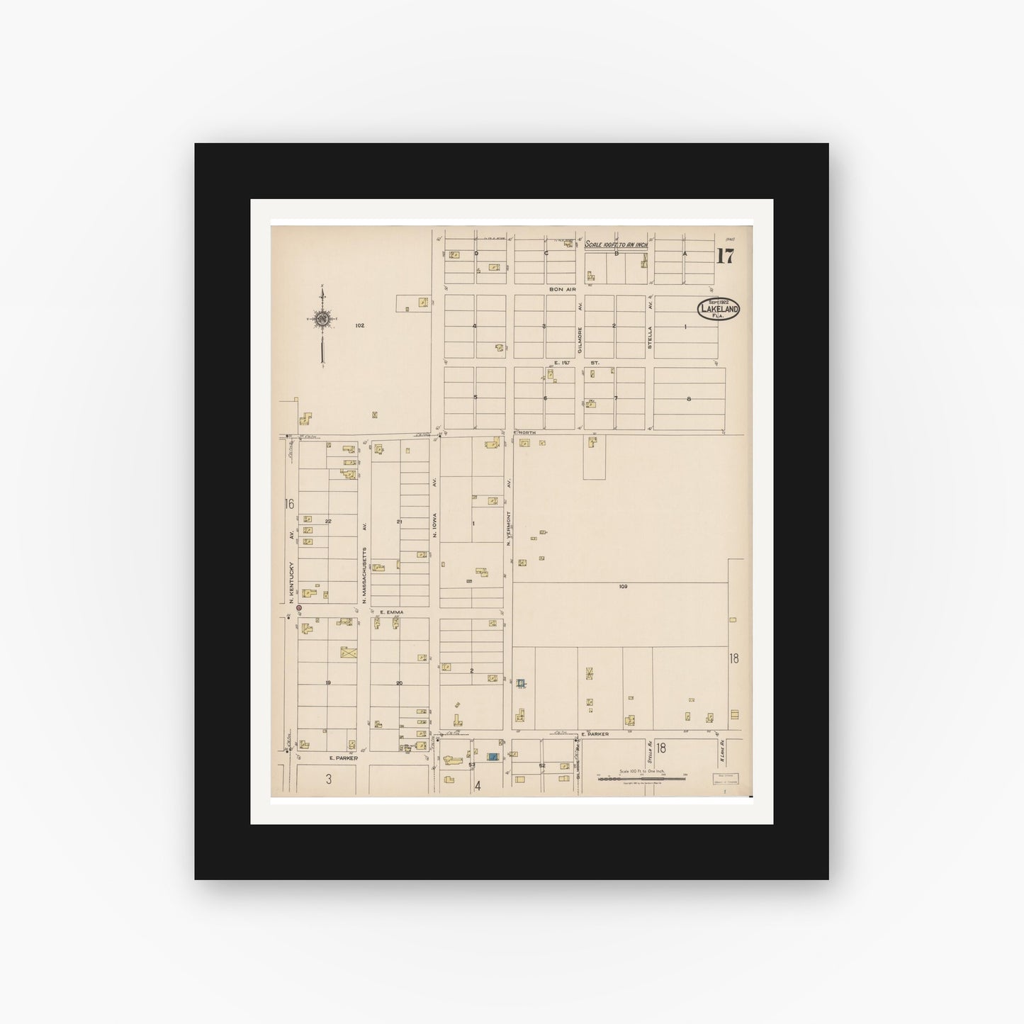 Old map wall art mockup — black gallery frame with white mat — Sanborn Fire Insurance Map from Lakeland, Polk County, Florida (1922), Sheet #0017